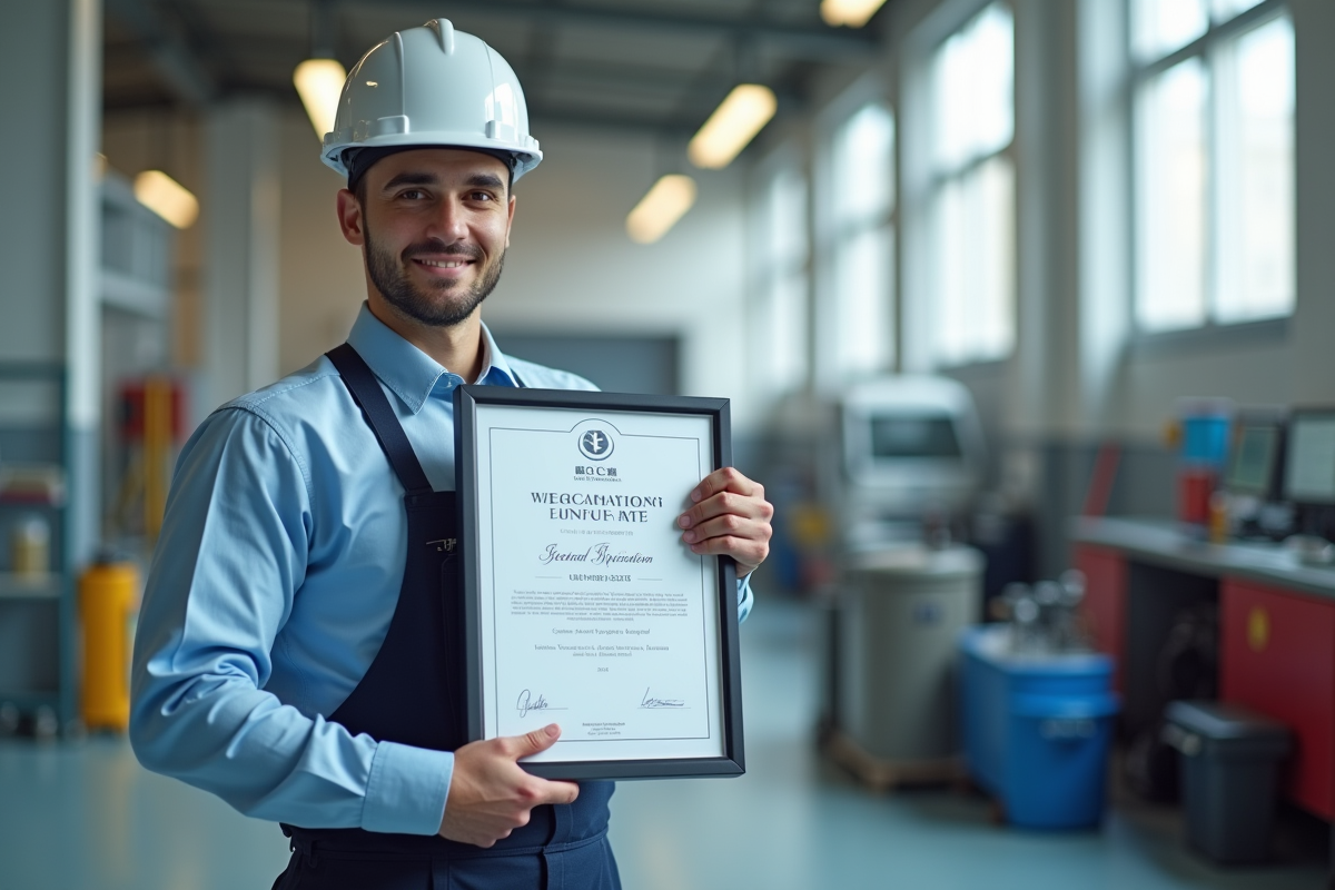 Travailleur fière tenant un certificat de formation professionnelle