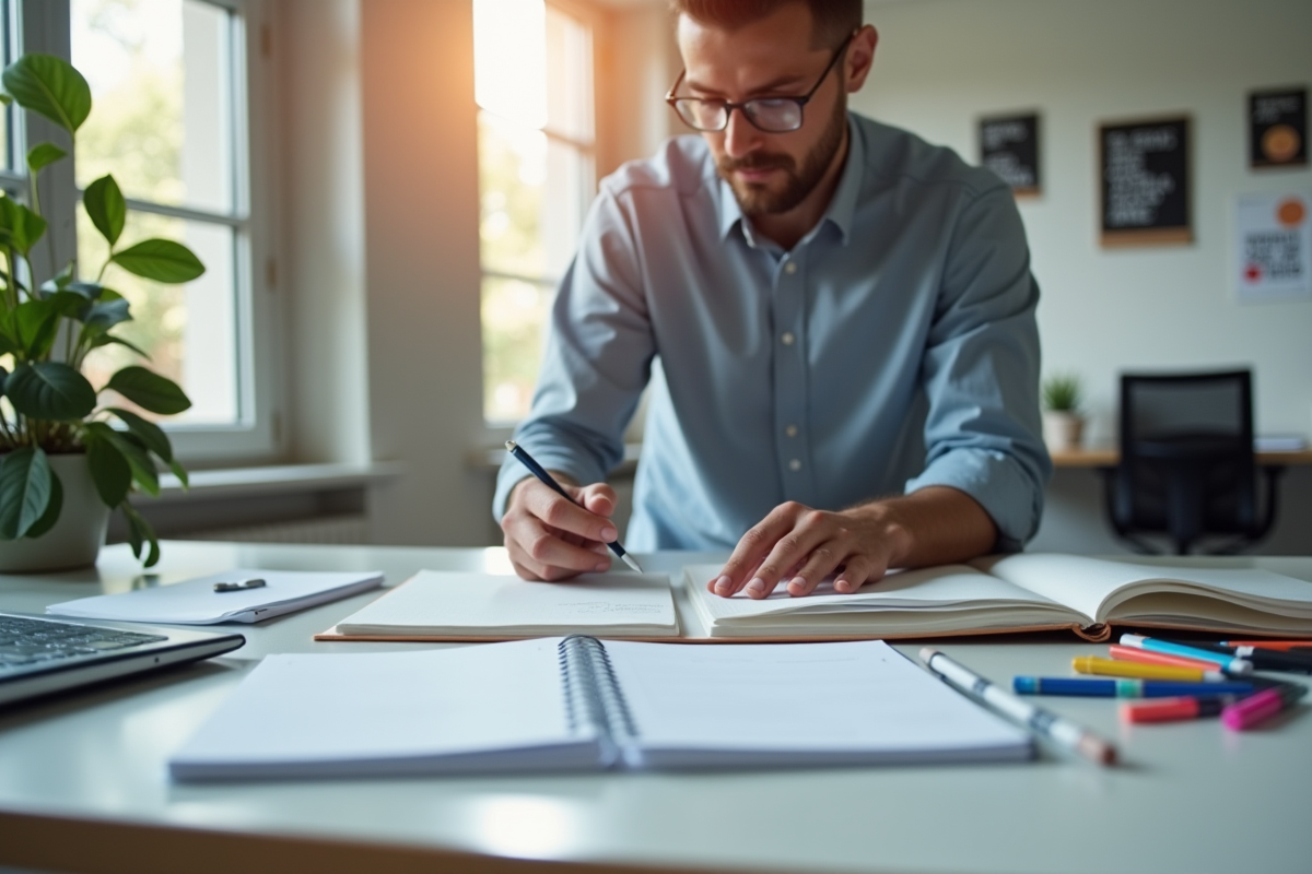Professionnel organisant documents sur un bureau lumineux