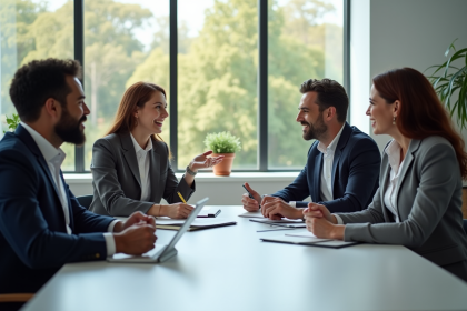 Quatre professionnels en réunion communication diversifiée