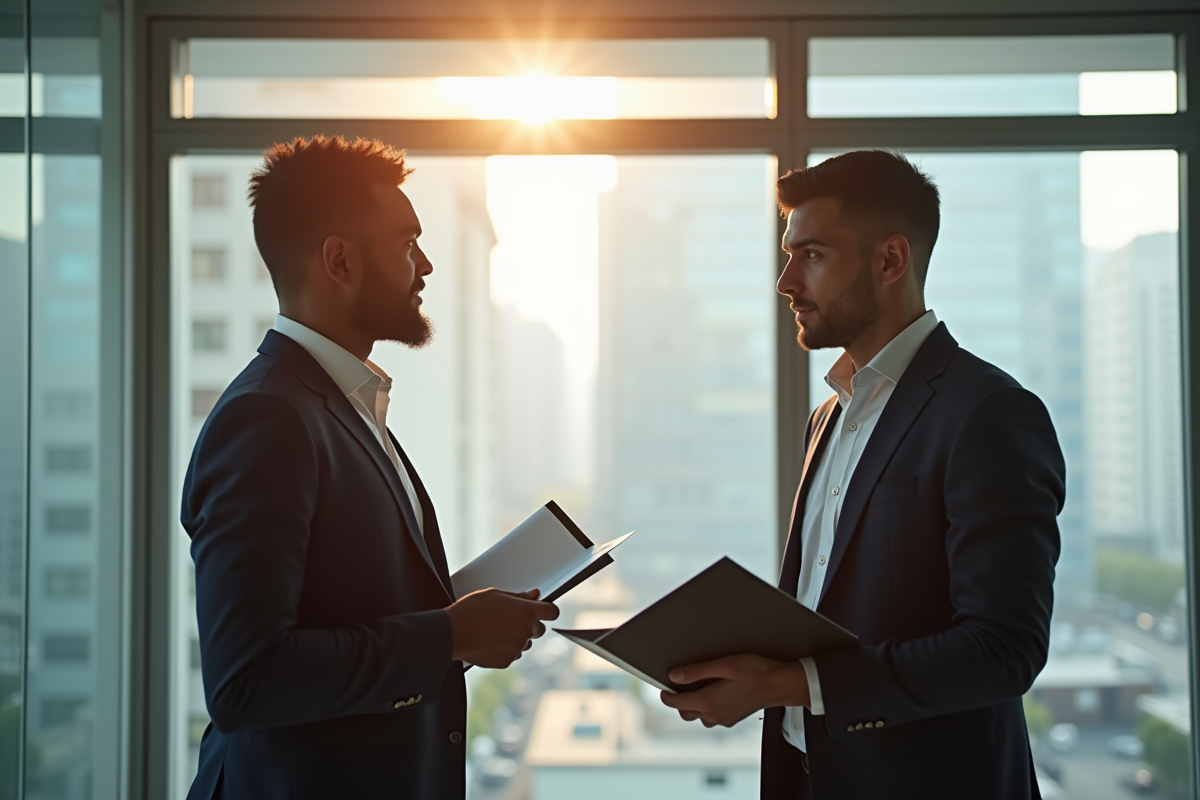 Deux professionnels de cultures différentes discutent dans un bureau lumineux