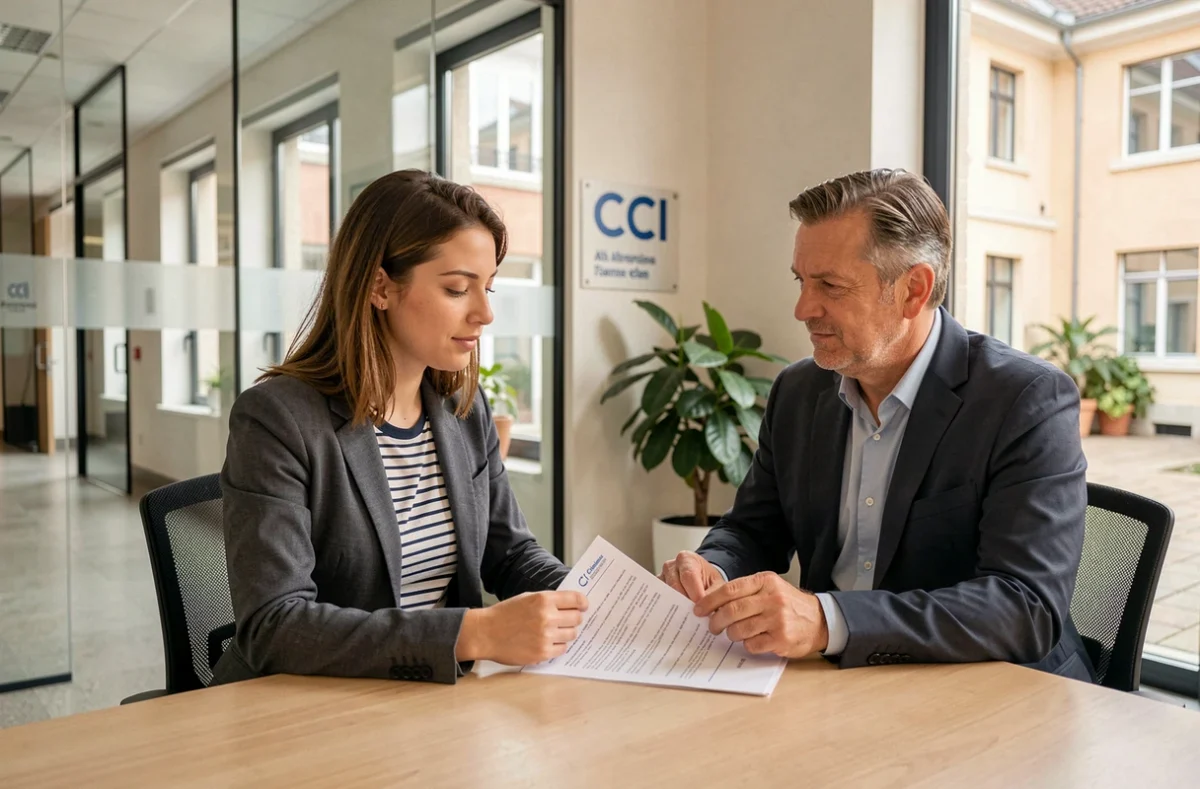 Étudiante en alternance et mentor professionnel dans les locaux de Purple Campus Albi, centre de formation CCI du Tarn