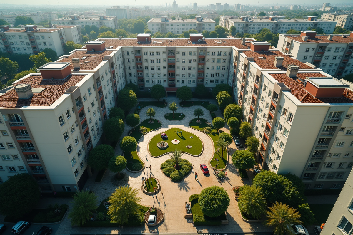 Quartier résidentiel avec immeubles et jardins sur le toit