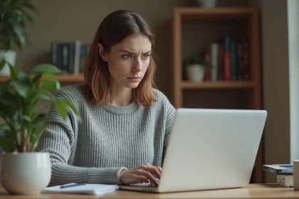 Femme devant son ordinateur portable tentant de récupérer ses identifiants de connexion PSB Extranet