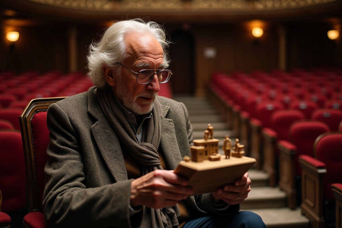 Metteur en scène âgé examinant un modèle de scène dans un théâtre