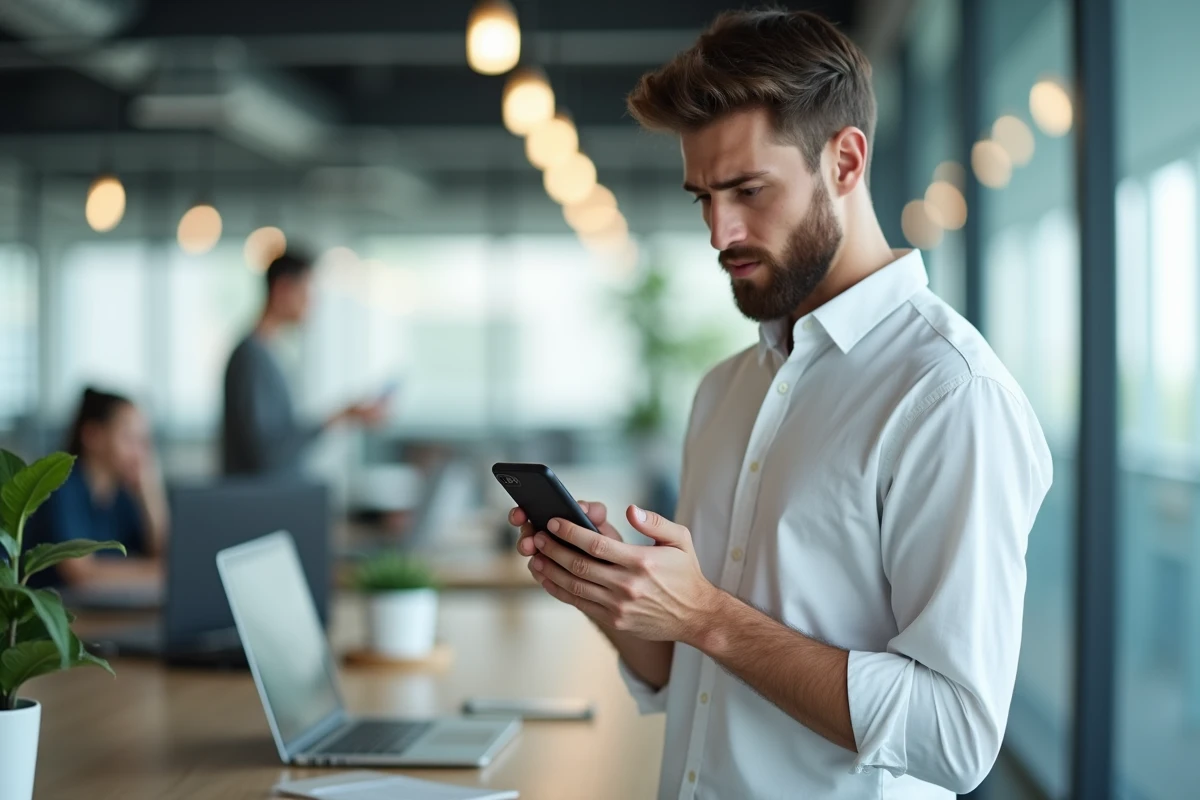 Jeune homme en bureau debout vérifiant les bons réglages de connexion à son espace inscrit sur téléphone mobile