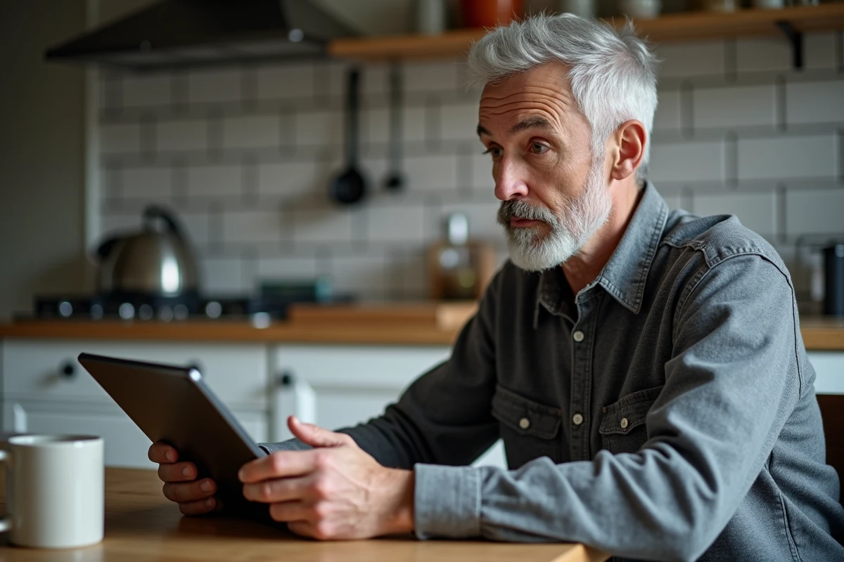 Homme consultant le site entnormandie sur une tablette depuis sa cuisine