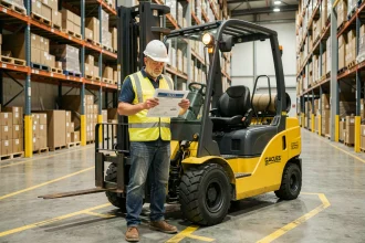 Cariste masculin en gilet jaune consultant son document de certification CACES 1 3 devant un chariot élévateur dans un entrepôt logistique