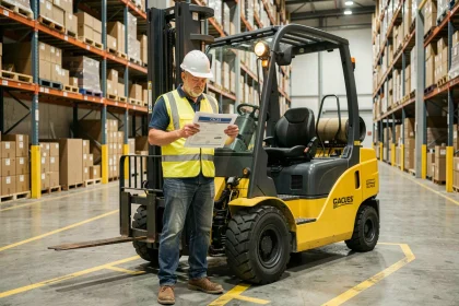 Cariste masculin en gilet jaune consultant son document de certification CACES 1 3 devant un chariot élévateur dans un entrepôt logistique