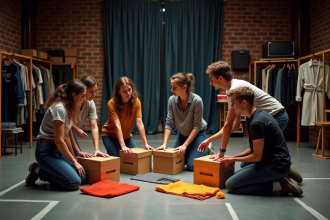 Groupe d'acteurs jeunes en répétition dans un studio de théâtre