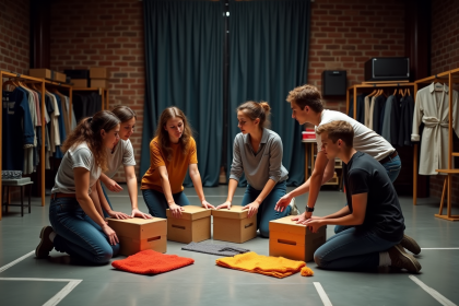 Groupe d'acteurs jeunes en répétition dans un studio de théâtre