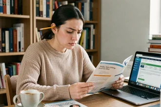 Jeune femme qui révise les questions du code de la route avec un livret et un ordinateur portable sur un bureau en bois