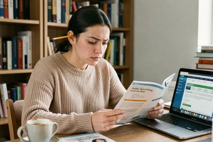 Jeune femme qui révise les questions du code de la route avec un livret et un ordinateur portable sur un bureau en bois