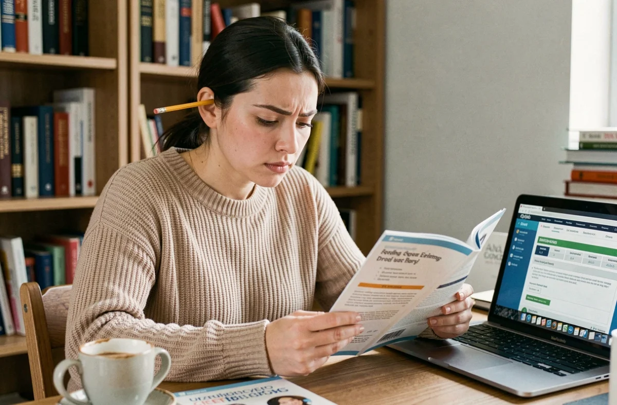 Jeune femme qui révise les questions du code de la route avec un livret et un ordinateur portable sur un bureau en bois