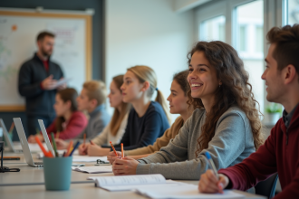 Salle de classe moderne en Scandinavie avec élèves attentifs et enseignant souriant