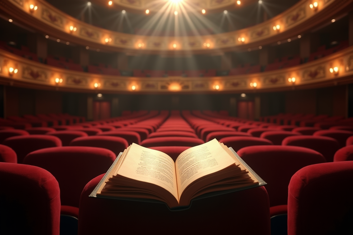 Scène de théâtre vue du public avec script de Boileau ouvert