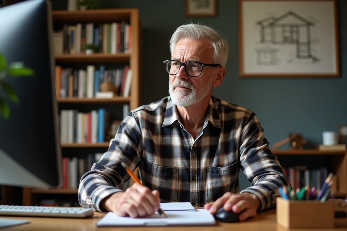 Senior apprenant le bricolage en ligne depuis son bureau à domicile sur un ordinateur avec des notes manuscrites