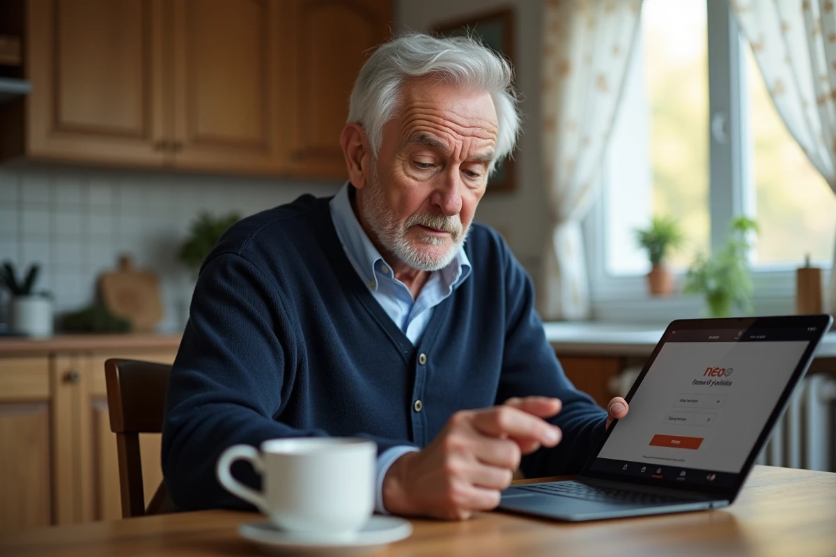 Senior utilisant une tablette pour se connecter pour la première fois à NÉO Yvelines depuis sa cuisine