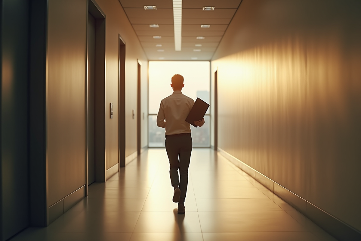 Stagiaire seul dans le couloir en réflexion