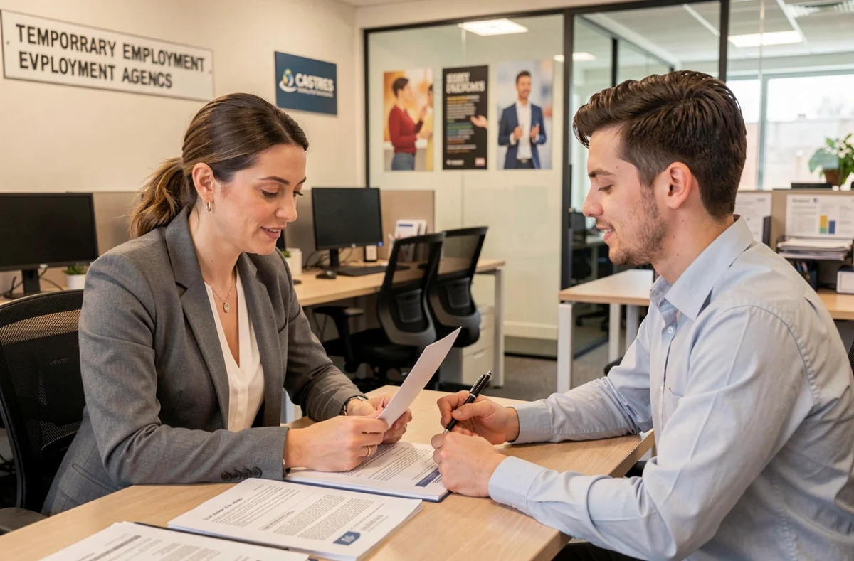Conseillère en insertion professionnelle accompagnant un intérimaire dans les locaux de Start People à Castres, dans le cadre d'une formation et d'un suivi professionnel