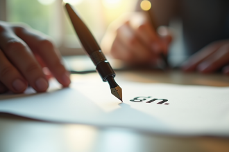 Stylo plume élégant écrivant une lettre en gras sur papier blanc