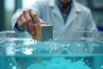 Scientifique immergeant un bloc de bois et un cube métallique dans l'eau