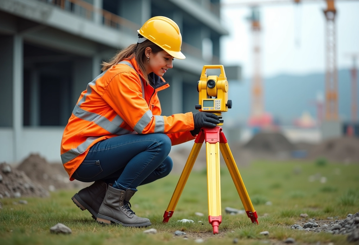 Technicienne en extérieur utilisant station totale sur chantier