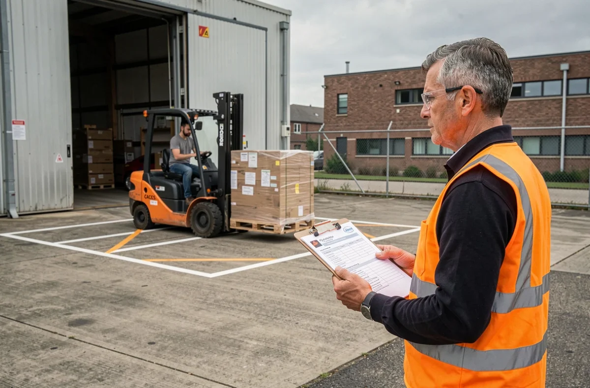 Évaluateur CACES observant un test pratique de conduite de chariot élévateur sur une aire extérieure lors d'un renouvellement de certificat