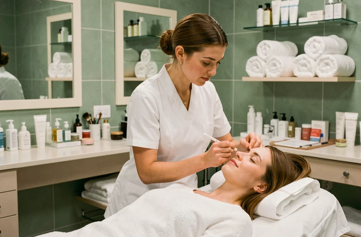 Étudiante en esthétique pratiquant un soin du visage en cabine dans le centre de formation Thalass Sun à Albi, spécialisé en coiffure, esthétique et SPA