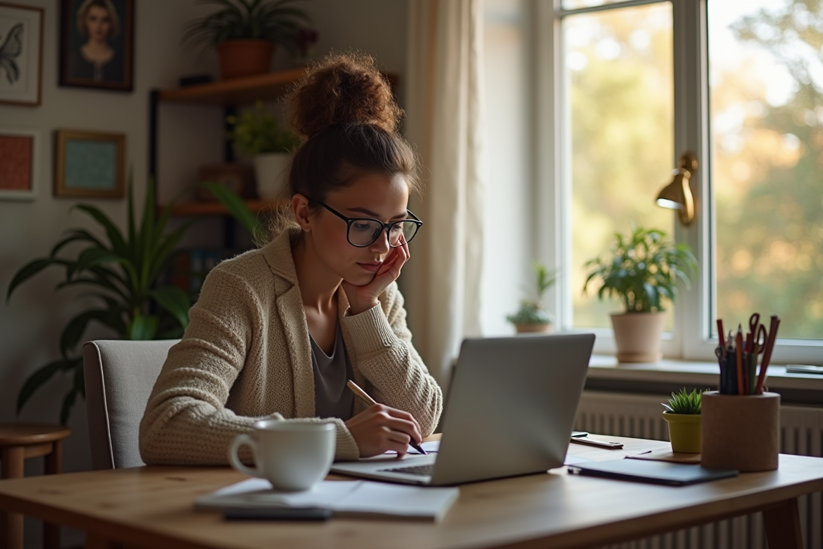 Personne concentrée travaillant à domicile dans un salon lumineux