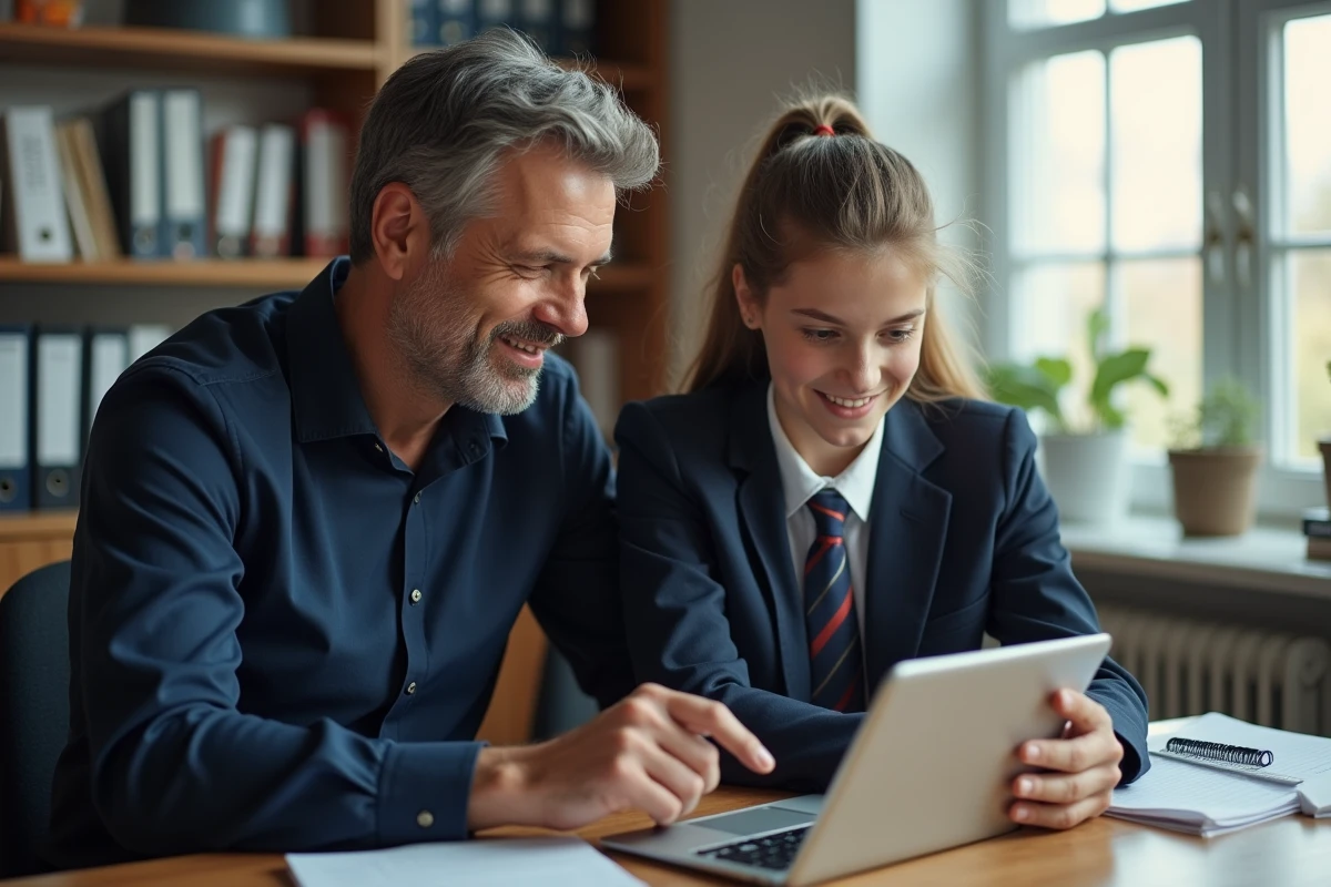 Père et adolescente consultant ensemble les notes et cours Moodle sur une tablette dans un bureau à domicile