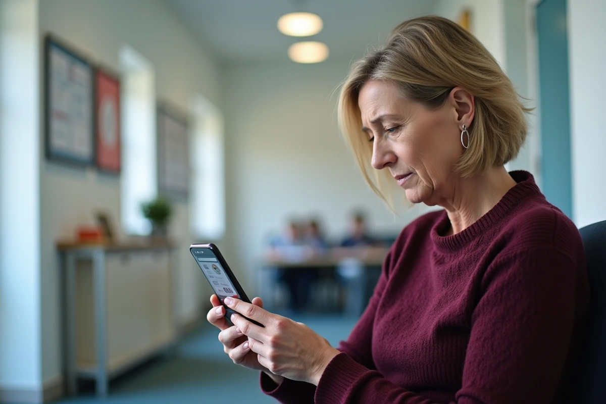 Tutrice consultant le portail parents Moodle sur smartphone dans la réception d'un établissement scolaire