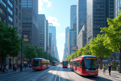 Rue animée en ville avec gratte-ciel et transports modernes