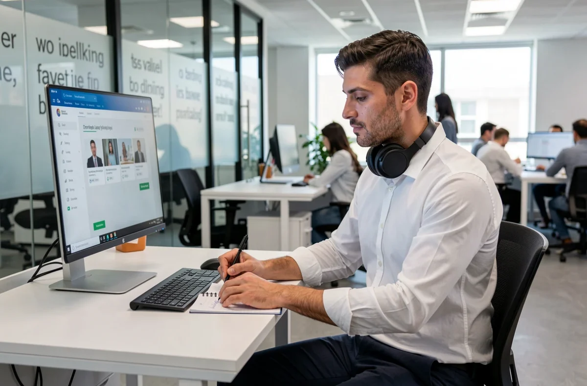 Apprenant adulte suivant une formation en anglais sur un poste informatique dans un centre Wall Street English du Val-de-Marne